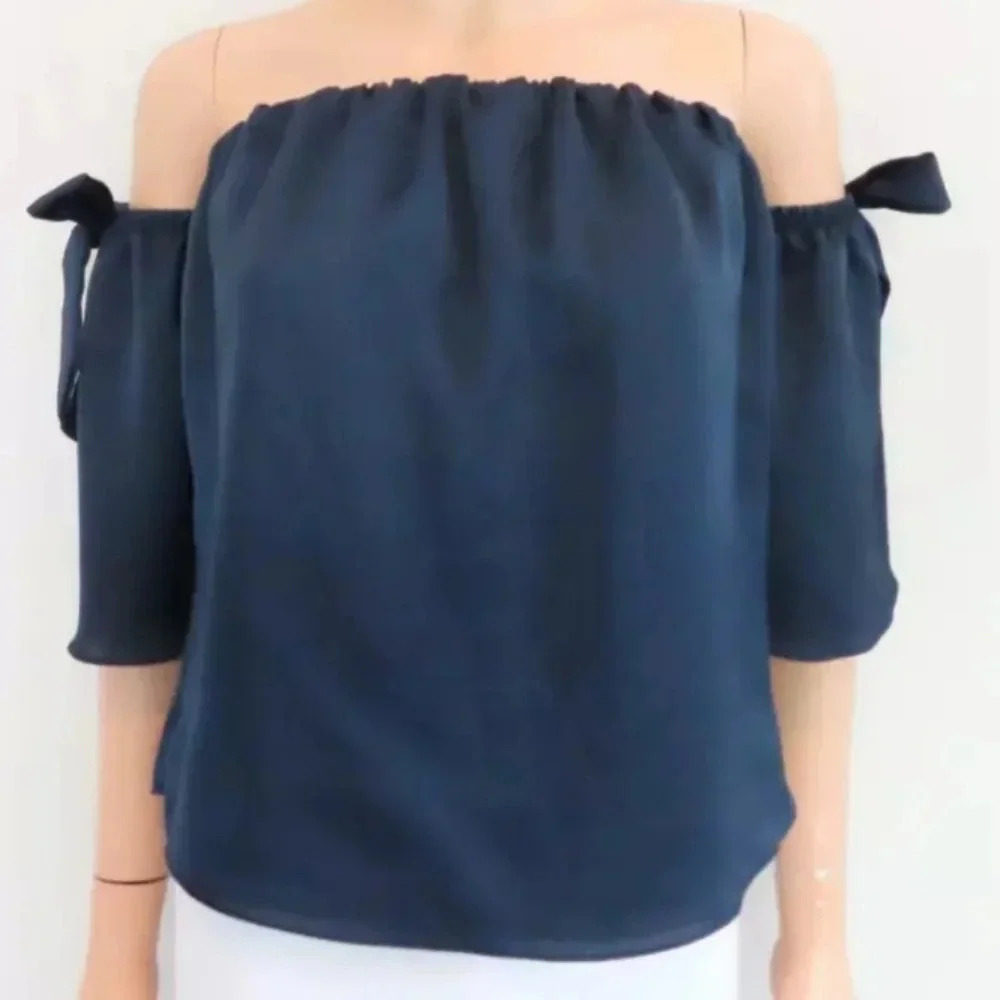 Misa Los Angeles Navy Blue Off- The-Shoulder Bow Detail Blouse Size XS
